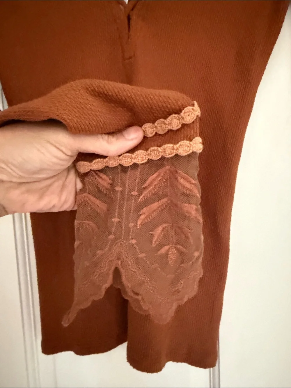 Free People Burnt Orange V-Neck Long Sleeve Top with Lace Cuffs